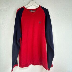 Nautica Jean Co. Mens Red Navy Colorblock V-Neck Sweater XL Cotton Pullover New